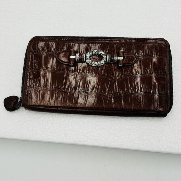 Brighton Reddish Brown Croc Leather Zip Around Check Book Wallet Vintage - Picture 1 of 7